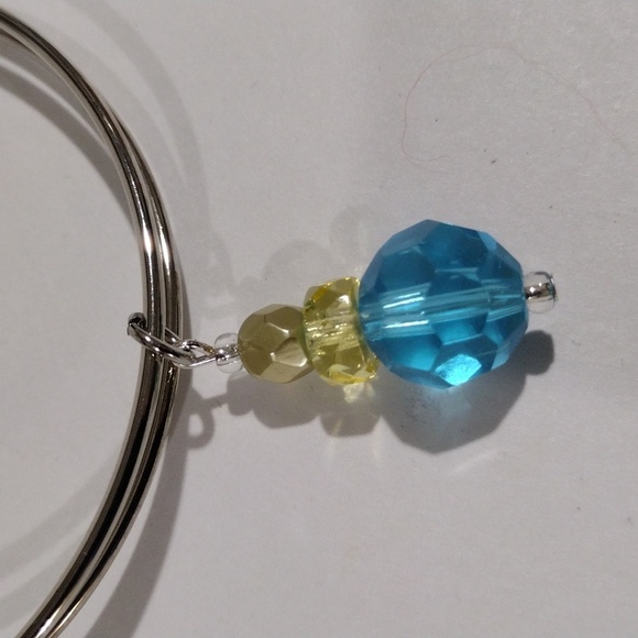 Silver tone Wire Bangle Bracelet Blue Yellow Beaded Charm Elegant Women Jewelry - Picture 3 of 8